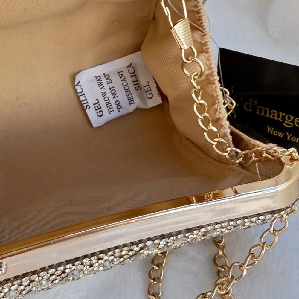 D’margeaux New York Sparkling Gold Rhinestone Evening Clutch Bag Chain NWT - Picture 10 of 14